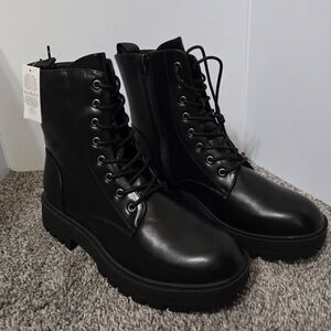 Black Faux Leather Lace Up and Zips up Side Combat Boots, Size 11, New